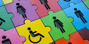 puzzle pieces with women, men and wheelchair icons on them